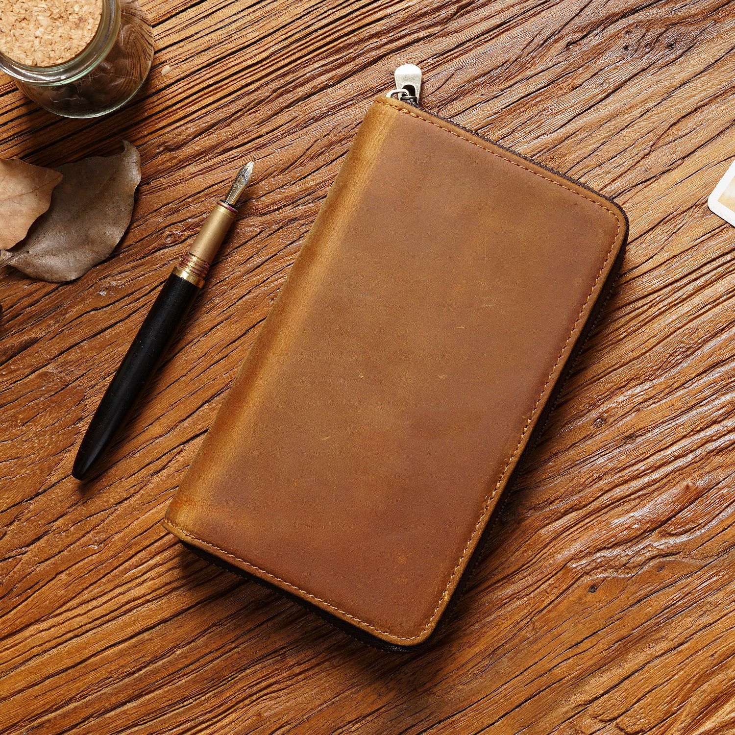 Brown Genuine Crazy Horse Leather Fountain Pen Case Zippered Organiser Pouch with 5 Elastic Loops & Mesh Pocket Vintage Stationery Holder - Image 1