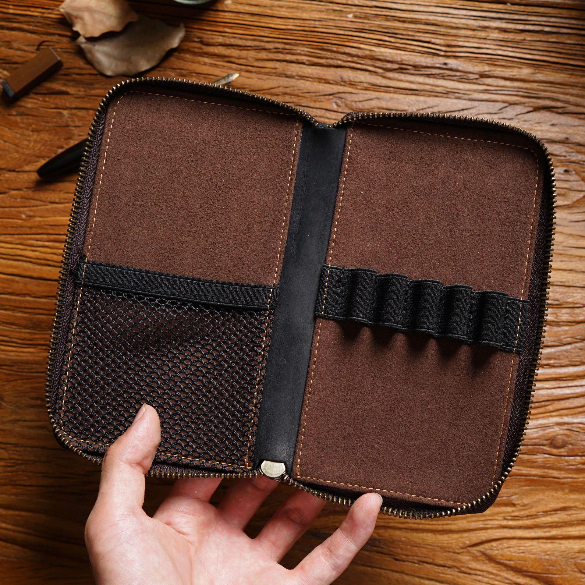 Brown Genuine Crazy Horse Leather Fountain Pen Case Zippered Organiser Pouch with 5 Elastic Loops & Mesh Pocket Vintage Stationery Holder - Image 4