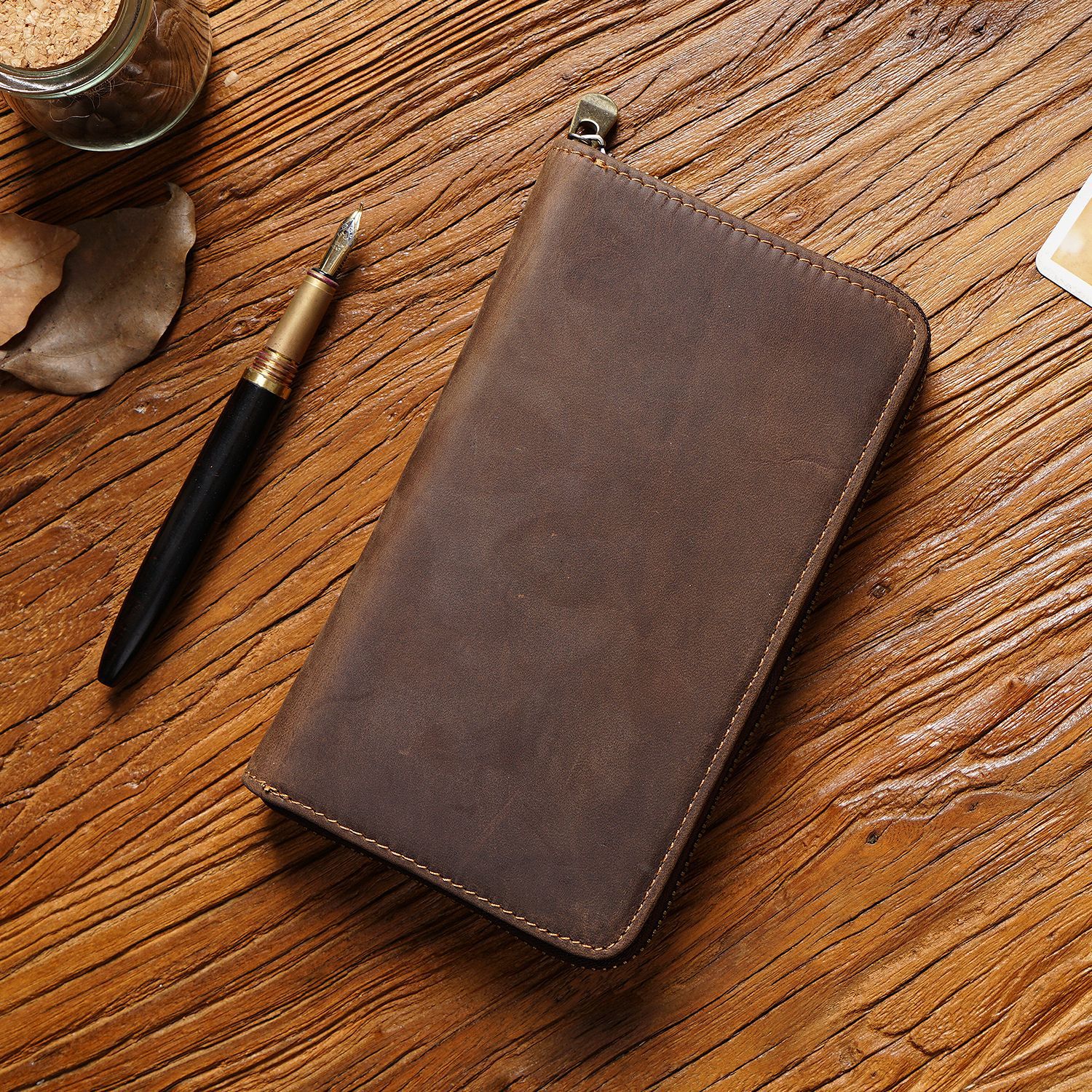Coffee Genuine Crazy Horse Leather Fountain Pen Case Zippered Organiser Pouch with 5 Elastic Loops & Mesh Pocket Vintage Stationery Holder - Image 1