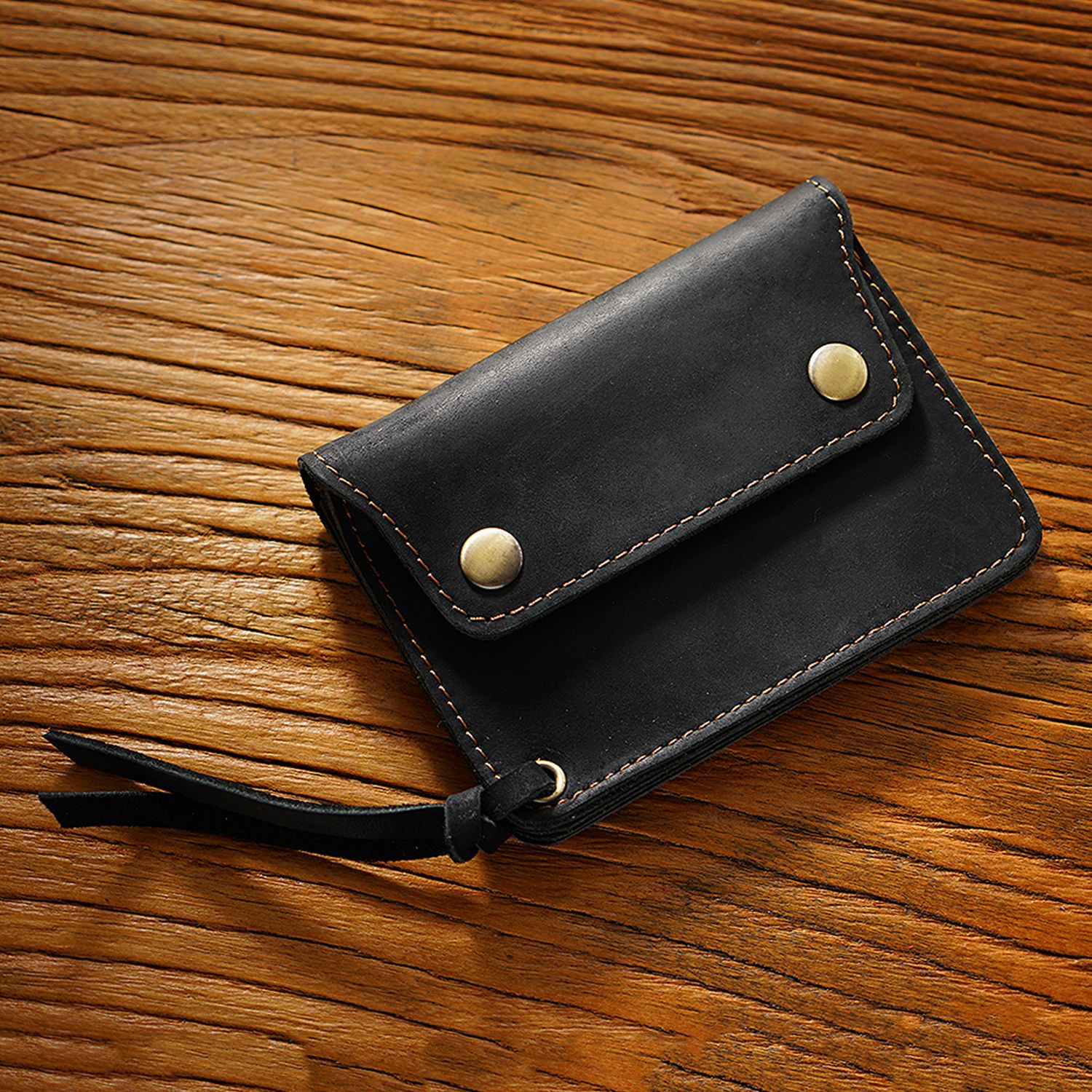 Black Handmade Crazy Horse Leather Wallet Vintage Coin Purse Zipper Card Holder with Strap Snap Closure Top Layer Cowhide 12cm - Image 1