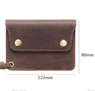 Black Handmade Crazy Horse Leather Wallet Vintage Coin Purse Zipper Card Holder with Strap Snap Closure Top Layer Cowhide 12cm - Image 2