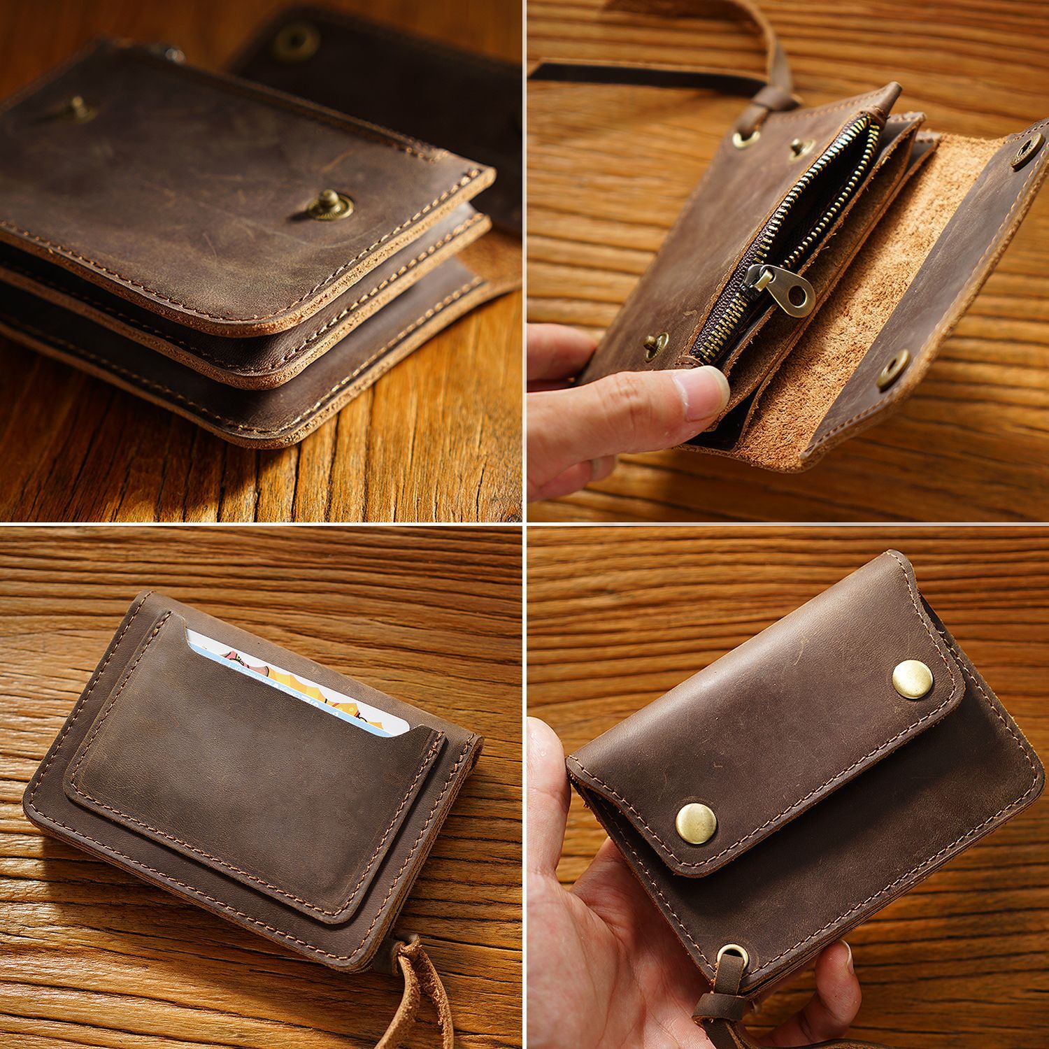 Black Handmade Crazy Horse Leather Wallet Vintage Coin Purse Zipper Card Holder with Strap Snap Closure Top Layer Cowhide 12cm - Image 4