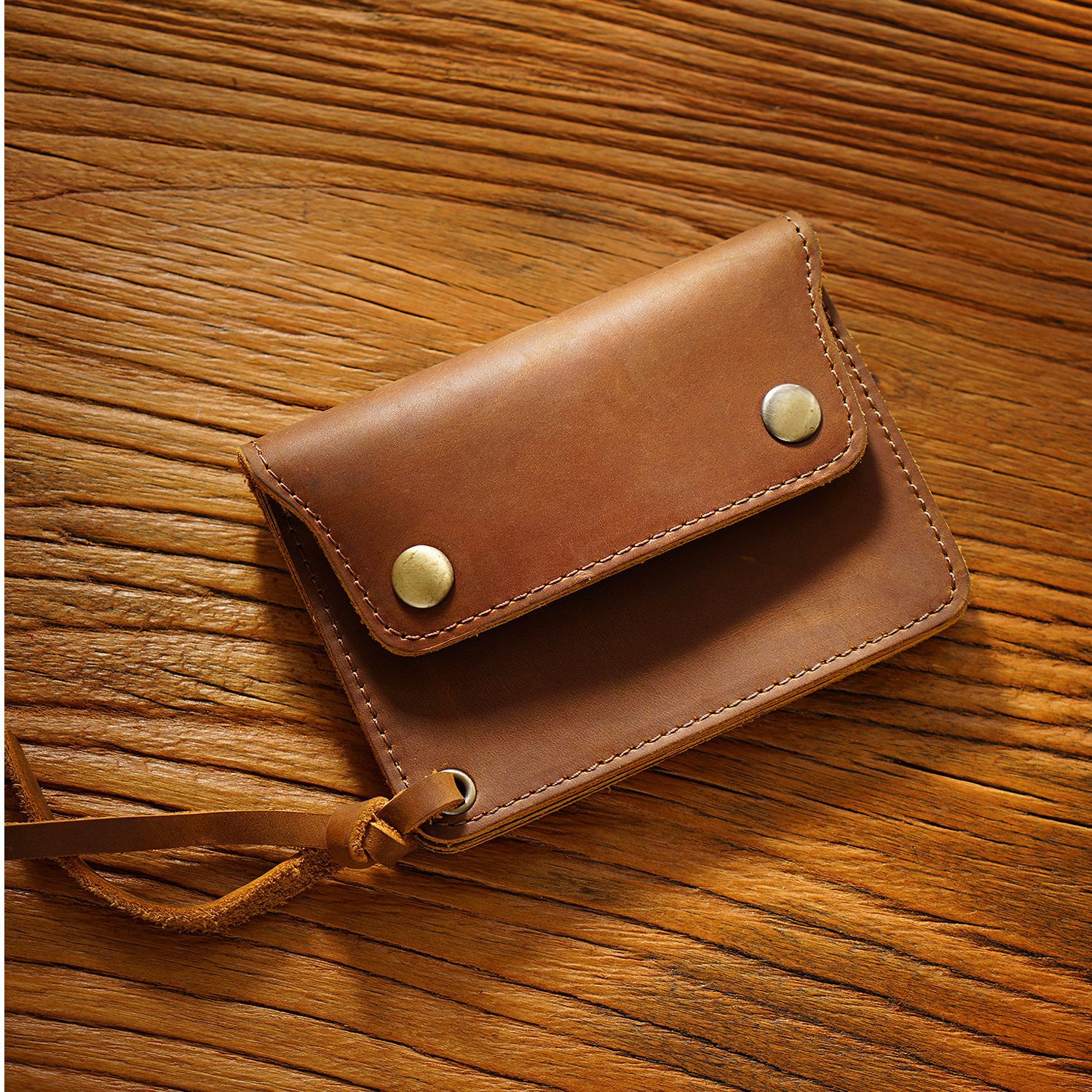 Brown Handmade Crazy Horse Leather Wallet Vintage Coin Purse Zipper Card Holder with Strap Snap Closure Top Layer Cowhide 12cm - Image 1