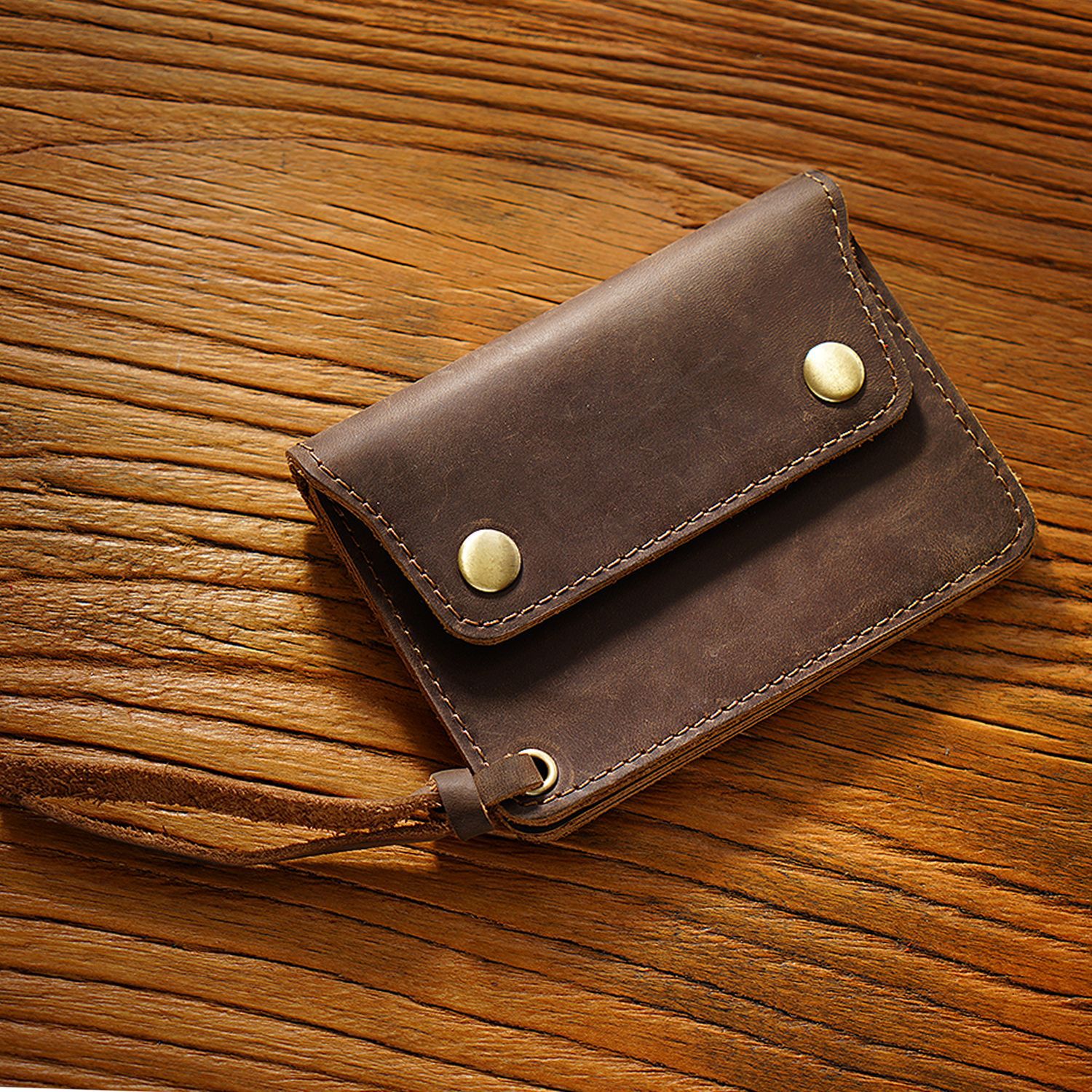 Coffee Handmade Crazy Horse Leather Wallet Vintage Coin Purse Zipper Card Holder with Strap Snap Closure Top Layer Cowhide 12cm - Image 1