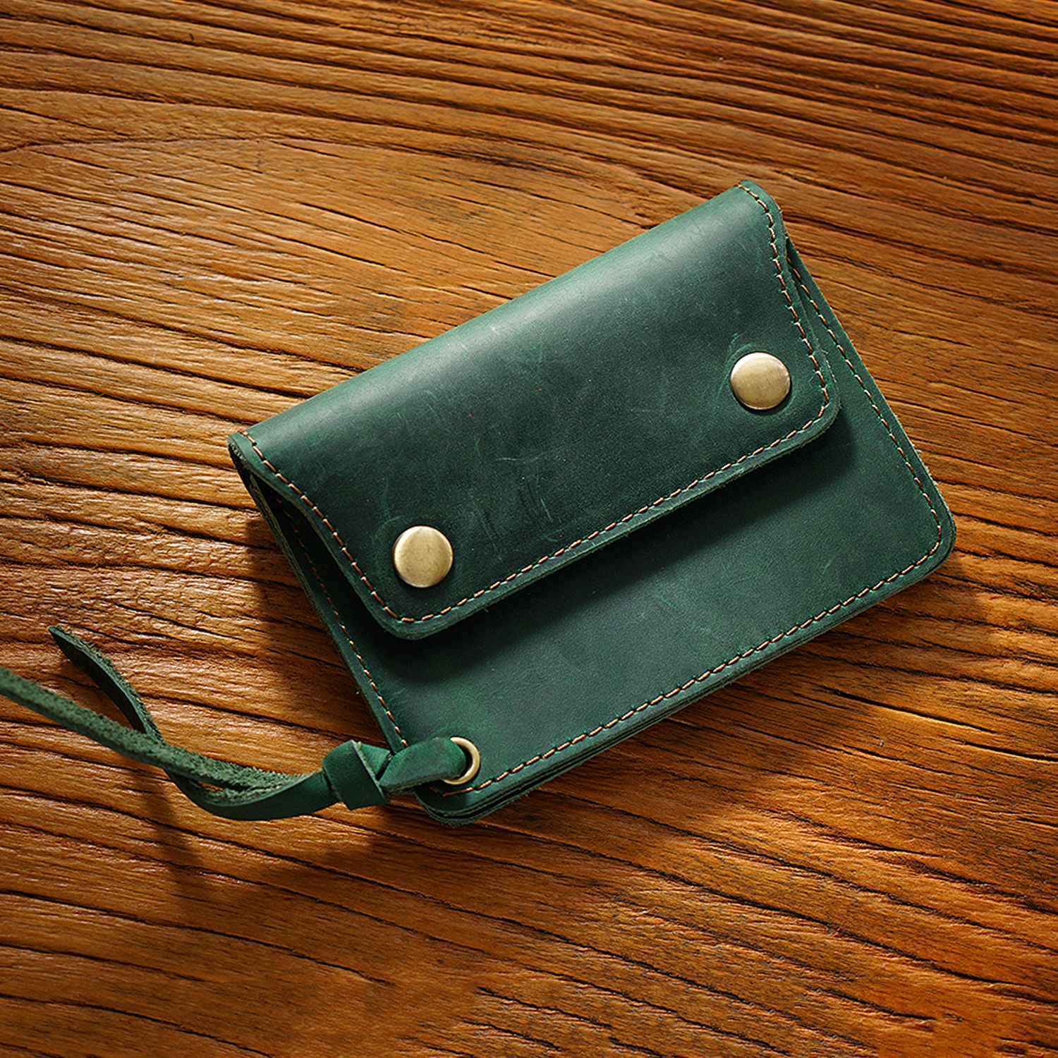Green Handmade Crazy Horse Leather Wallet Vintage Coin Purse Zipper Card Holder with Strap Snap Closure Top Layer Cowhide 12cm - Image 1