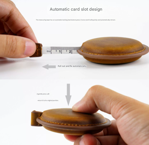 Black Handmade Crazy Horse Leather Retractable Tape Measure Keychain Dual Sided Scale 150cm/60