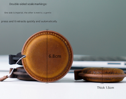 Brown Carved Design Handmade Crazy Horse Leather Retractable Tape Measure Keychain Dual Sided Scale 150cm/60