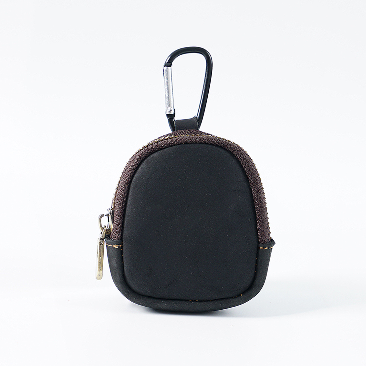 Black Genuine Crazy Horse Leather Mini Coin Purse Zipper Shell Pouch Small Earphone Case Key Holder with Carabiner Clip 8.5cm for Travel - Image 1