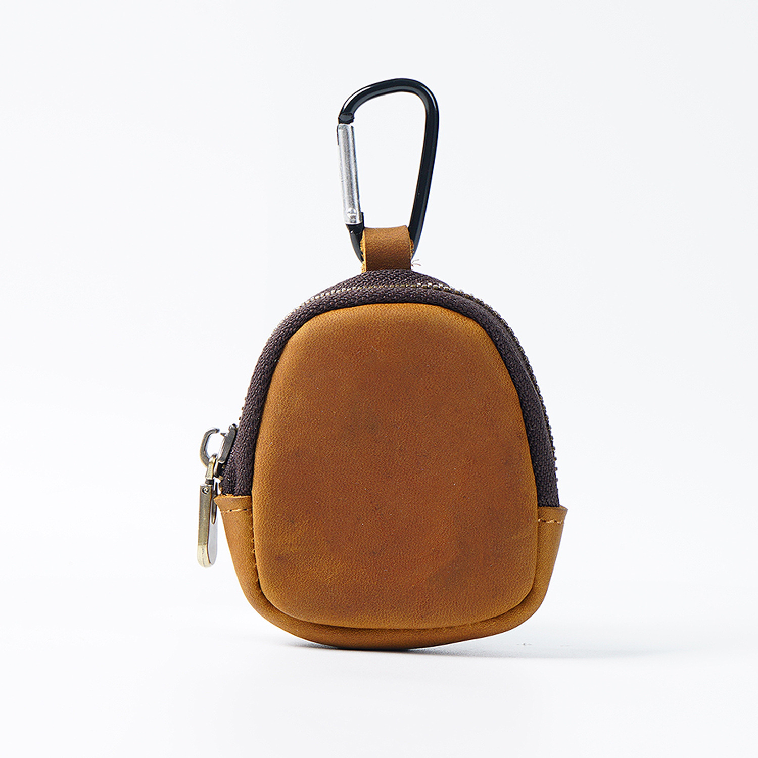 Brown Genuine Crazy Horse Leather Mini Coin Purse Zipper Shell Pouch Small Earphone Case Key Holder with Carabiner Clip 8.5cm for Travel - Image 1