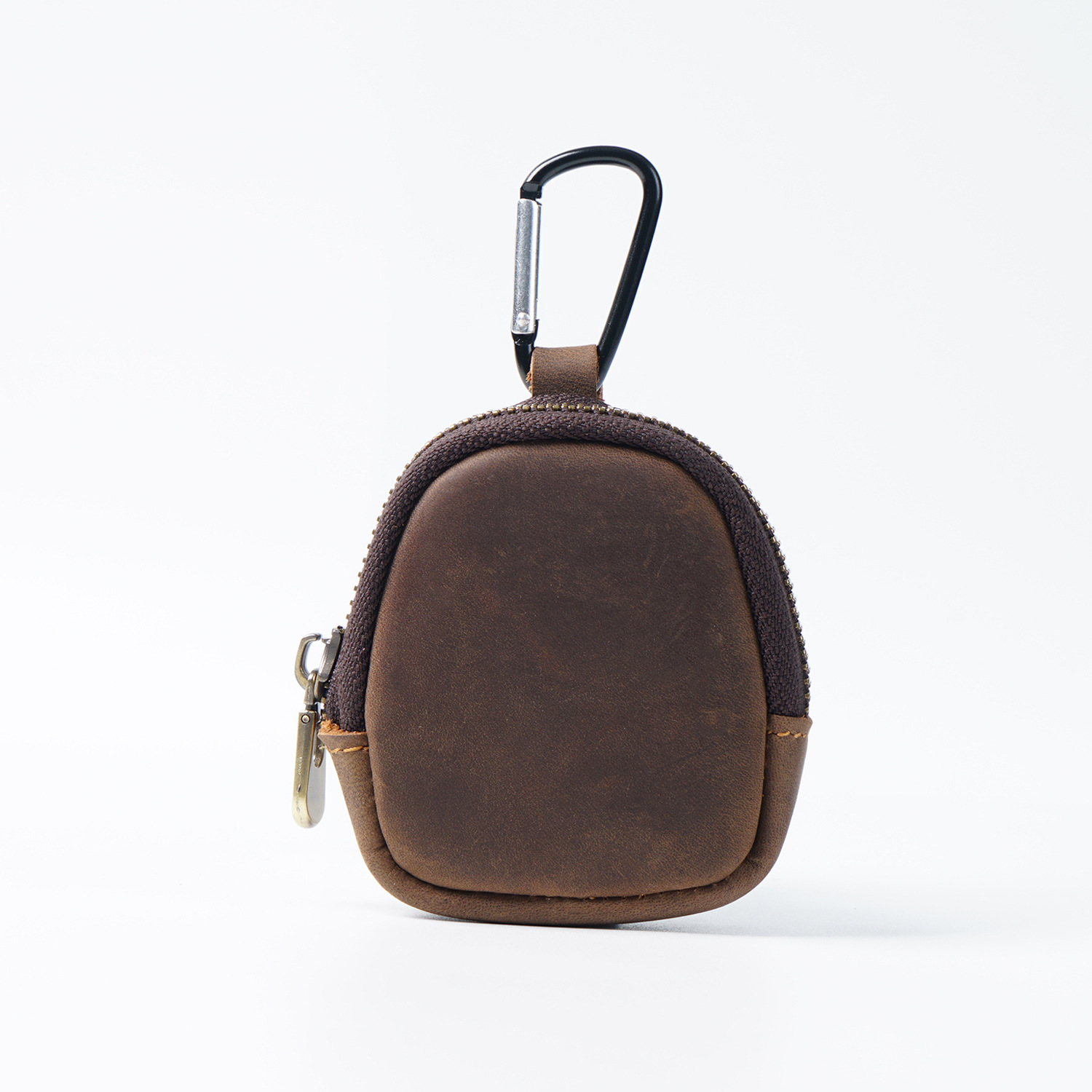 Coffee Genuine Crazy Horse Leather Mini Coin Purse Zipper Shell Pouch Small Earphone Case Key Holder with Carabiner Clip 8.5cm for Travel - Image 1