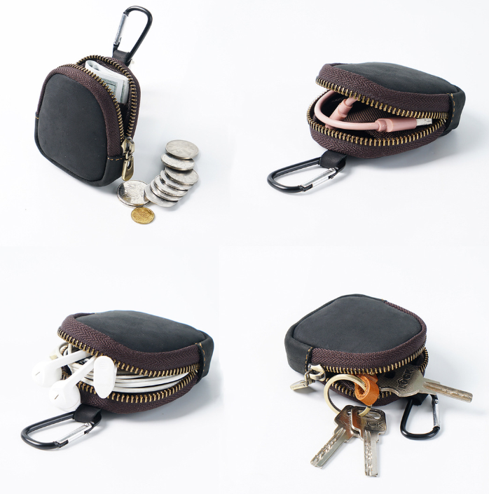 Coffee Genuine Crazy Horse Leather Mini Coin Purse Zipper Shell Pouch Small Earphone Case Key Holder with Carabiner Clip 8.5cm for Travel - Image 3