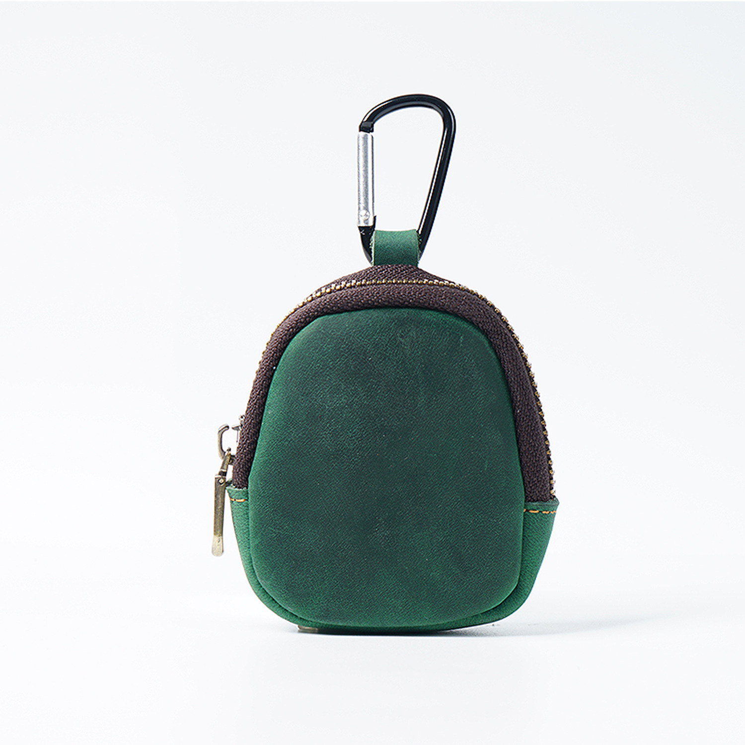Green Genuine Crazy Horse Leather Mini Coin Purse Zipper Shell Pouch Small Earphone Case Key Holder with Carabiner Clip 8.5cm for Travel - Image 1