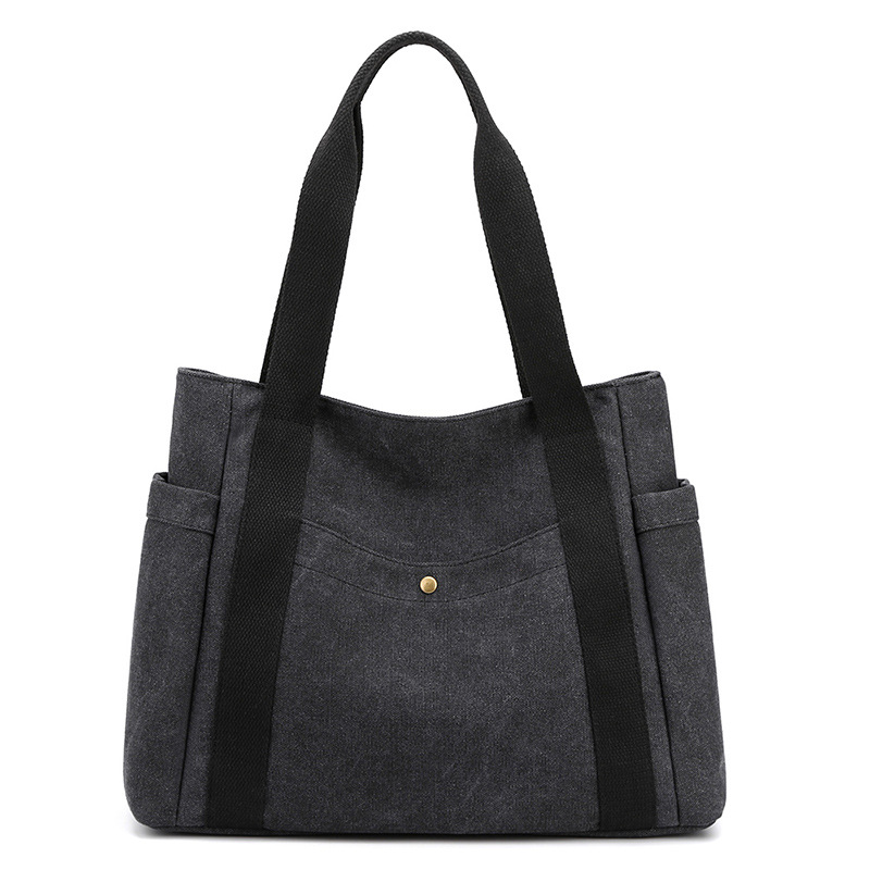 Black Women's Large Canvas Tote Bag Minimalist Shoulder Handbag High Capacity 39cm for Work School & Travel - Image 1