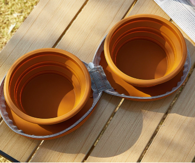 Brown Portable Collapsible Double Pet Bowls for Dogs and Cats - 2x 450ml Food Grade Silicone Travel Feeder with Zippered Paw Carrying Case - Lightweight Outdoor Water and Food Bowl Set - Image 1