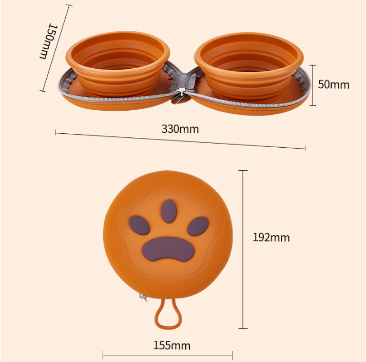 Brown Portable Collapsible Double Pet Bowls for Dogs and Cats - 2x 450ml Food Grade Silicone Travel Feeder with Zippered Paw Carrying Case - Lightweight Outdoor Water and Food Bowl Set - Image 2