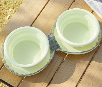 Light Yellow Portable Collapsible Double Pet Bowls for Dogs and Cats - 2x 450ml Food Grade Silicone Travel Feeder with Zippered Paw Carrying Case - Lightweight Outdoor Water and Food Bowl Set - Image 1