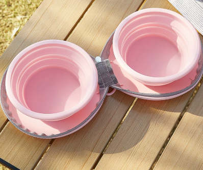 Pink Portable Collapsible Double Pet Bowls for Dogs and Cats - 2x 450ml Food Grade Silicone Travel Feeder with Zippered Paw Carrying Case - Lightweight Outdoor Water and Food Bowl Set - Image 1