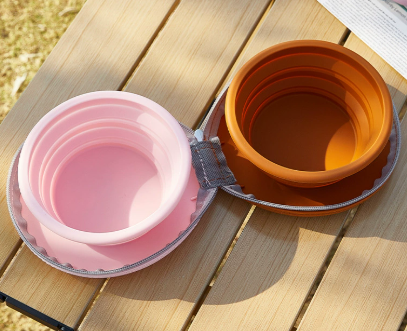 Brown-pink Portable Collapsible Double Pet Bowls for Dogs and Cats - 2x 450ml Food Grade Silicone Travel Feeder with Zippered Paw Carrying Case - Lightweight Outdoor Water and Food Bowl Set - Image 1