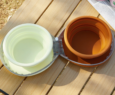 Brown-yellow Portable Collapsible Double Pet Bowls for Dogs and Cats - 2x 450ml Food Grade Silicone Travel Feeder with Zippered Paw Carrying Case - Lightweight Outdoor Water and Food Bowl Set - Image 1