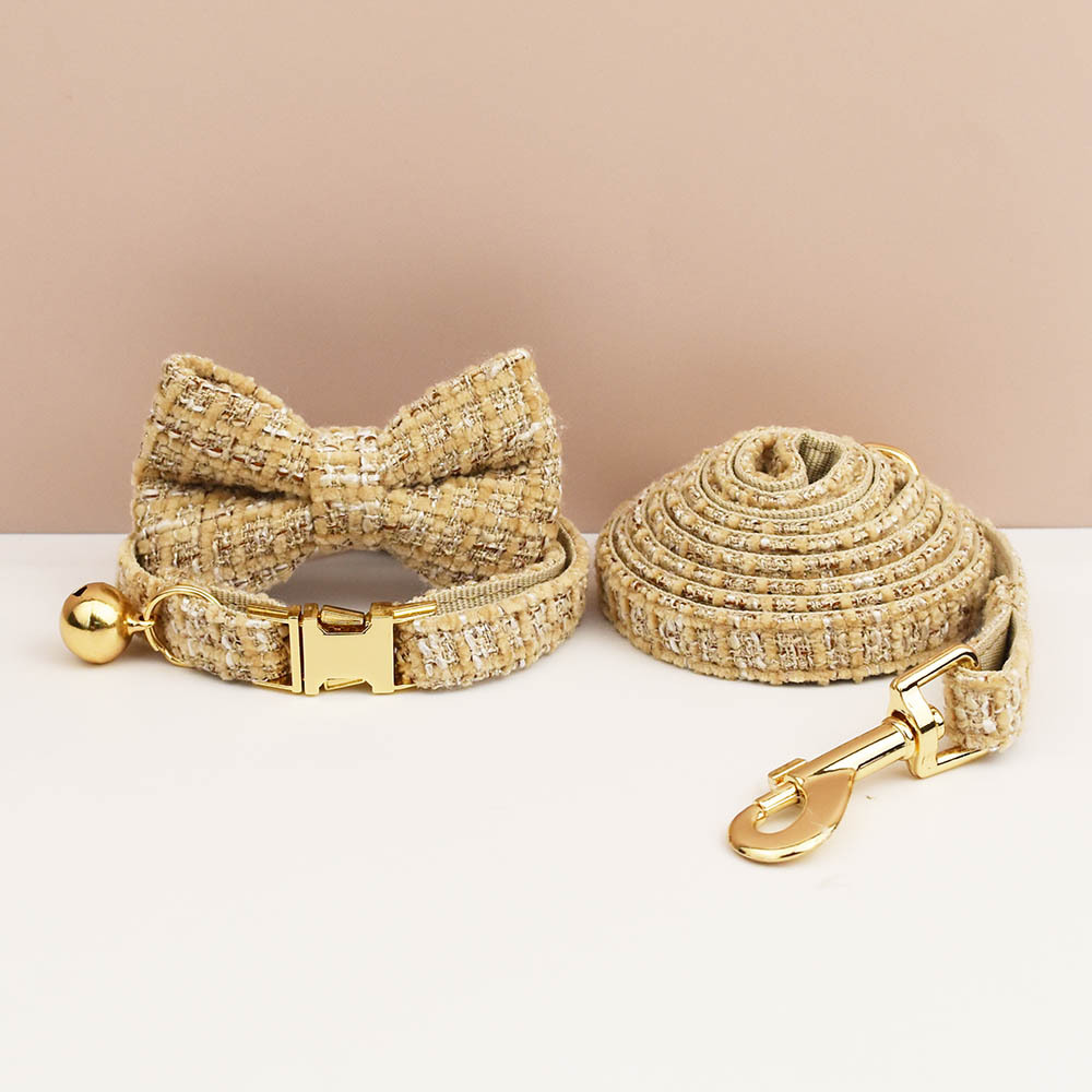 L Khaki Elegant Tweed Pet Collar and Leash Set - Adjustable Cat and Small Dog Collar with Removable Bow Tie and Gold Bell - Image 1