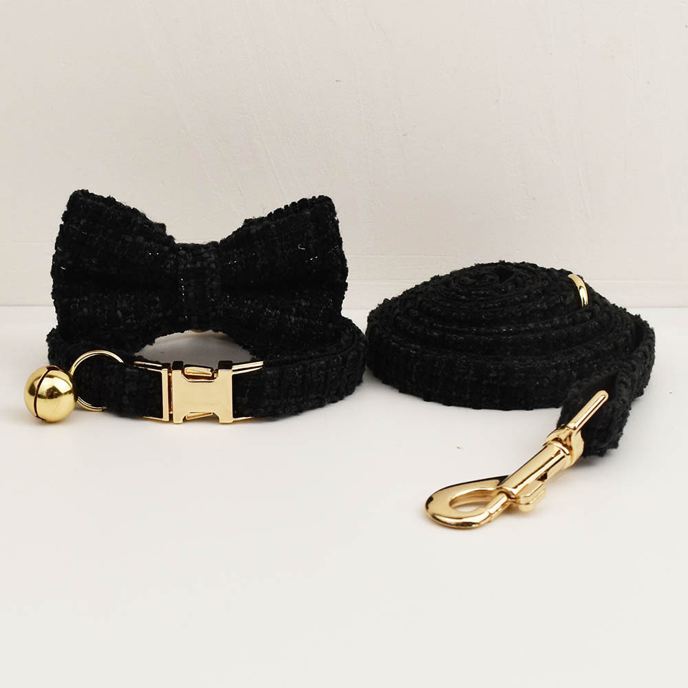 S Black Elegant Tweed Pet Collar and Leash Set - Adjustable Cat and Small Dog Collar with Removable Bow Tie and Gold Bell - Image 1