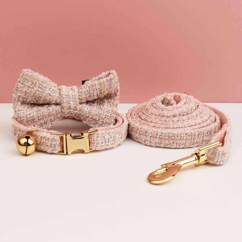 L Pink Elegant Tweed Pet Collar and Leash Set - Adjustable Cat and Small Dog Collar with Removable Bow Tie and Gold Bell - Image 1