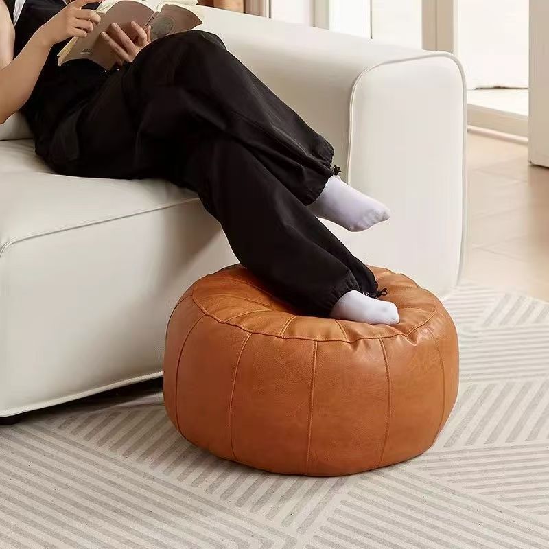 Orange Faux Leather Pumpkin Pouf Cover - DIY Unfilled Round Ottoman for Clothes Storage and Footrest - 50x30cm Versatile Home Decor - Image 1