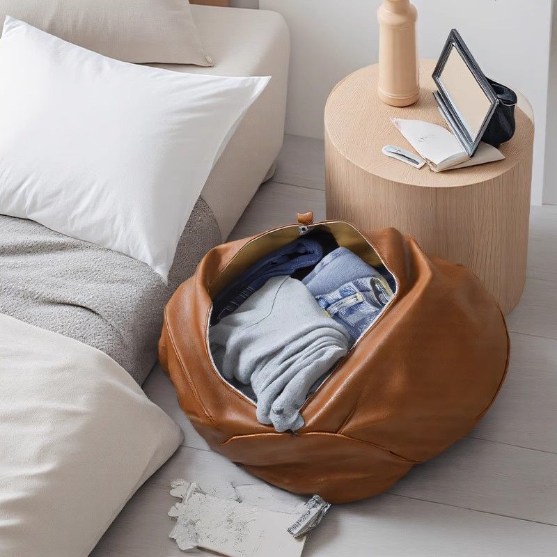 Orange Faux Leather Pumpkin Pouf Cover - DIY Unfilled Round Ottoman for Clothes Storage and Footrest - 50x30cm Versatile Home Decor - Image 3