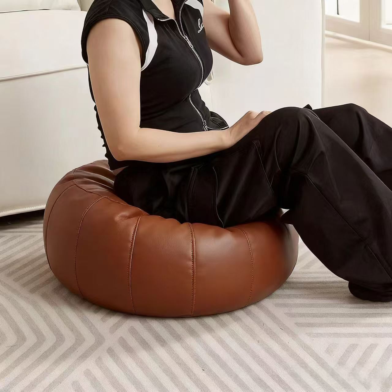 Brown Faux Leather Pumpkin Pouf Cover - DIY Unfilled Round Ottoman for Clothes Storage and Footrest - 50x30cm Versatile Home Decor - Image 1