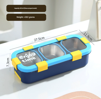 Blue Premium Stainless Steel 3-Compartment Lunch Box - Leak-Proof 500ml Portable Bento Box for Students and Office Professionals - Image 1
