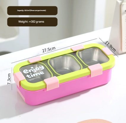 Green Premium Stainless Steel 3-Compartment Lunch Box - Leak-Proof 500ml Portable Bento Box for Students and Office Professionals - Image 1