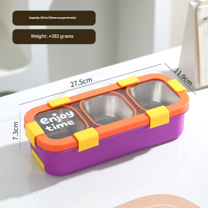 Orange Premium Stainless Steel 3-Compartment Lunch Box - Leak-Proof 500ml Portable Bento Box for Students and Office Professionals - Image 1