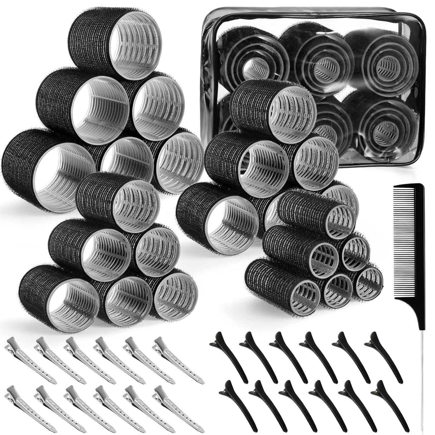 Black 50-Piece Professional Hair Roller Set - Multi-Size Self-Grip Velcro Rollers with Clips and Tail Comb - Complete Heatless Styling Kit for Voluminous Curls and Air Bangs - Image 1