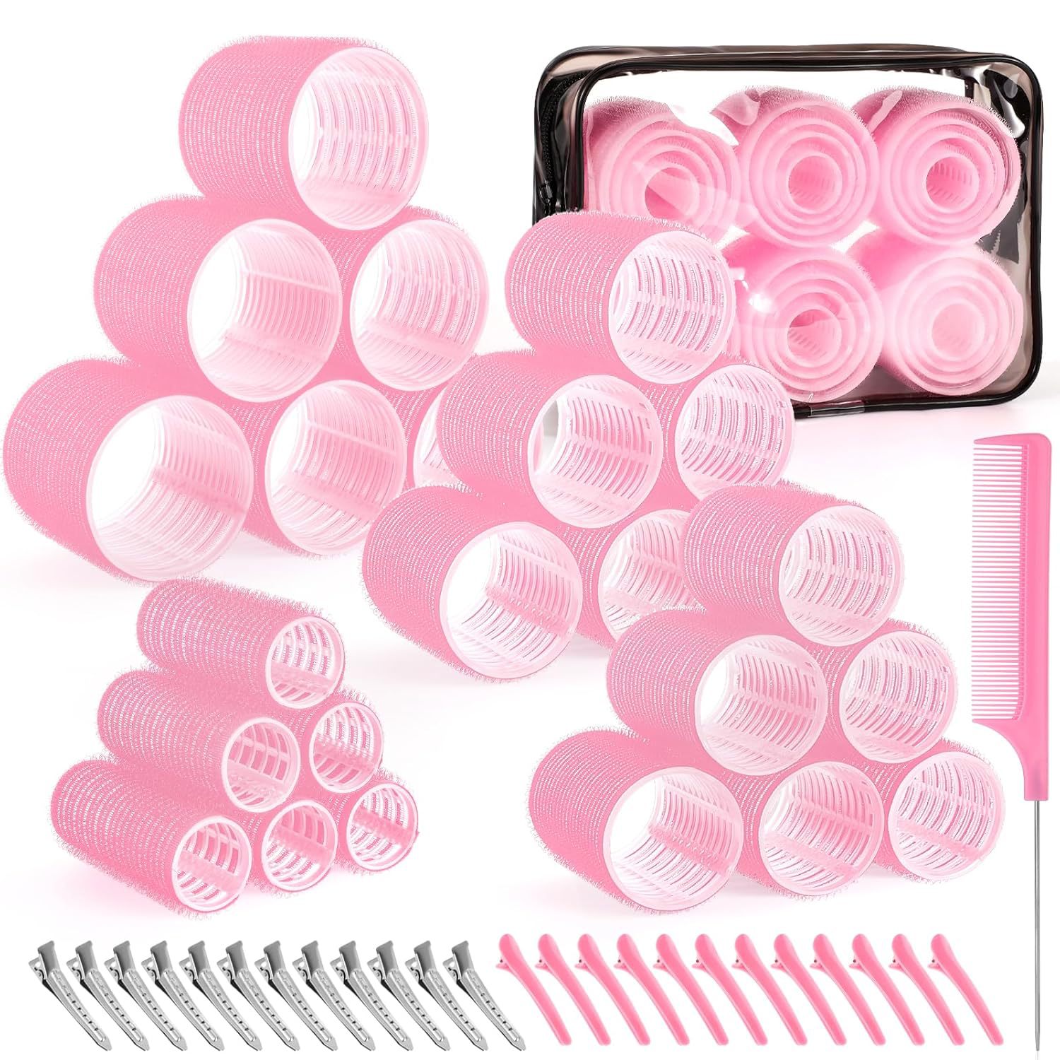 Pink 50-Piece Professional Hair Roller Set - Multi-Size Self-Grip Velcro Rollers with Clips and Tail Comb - Complete Heatless Styling Kit for Voluminous Curls and Air Bangs - Image 1