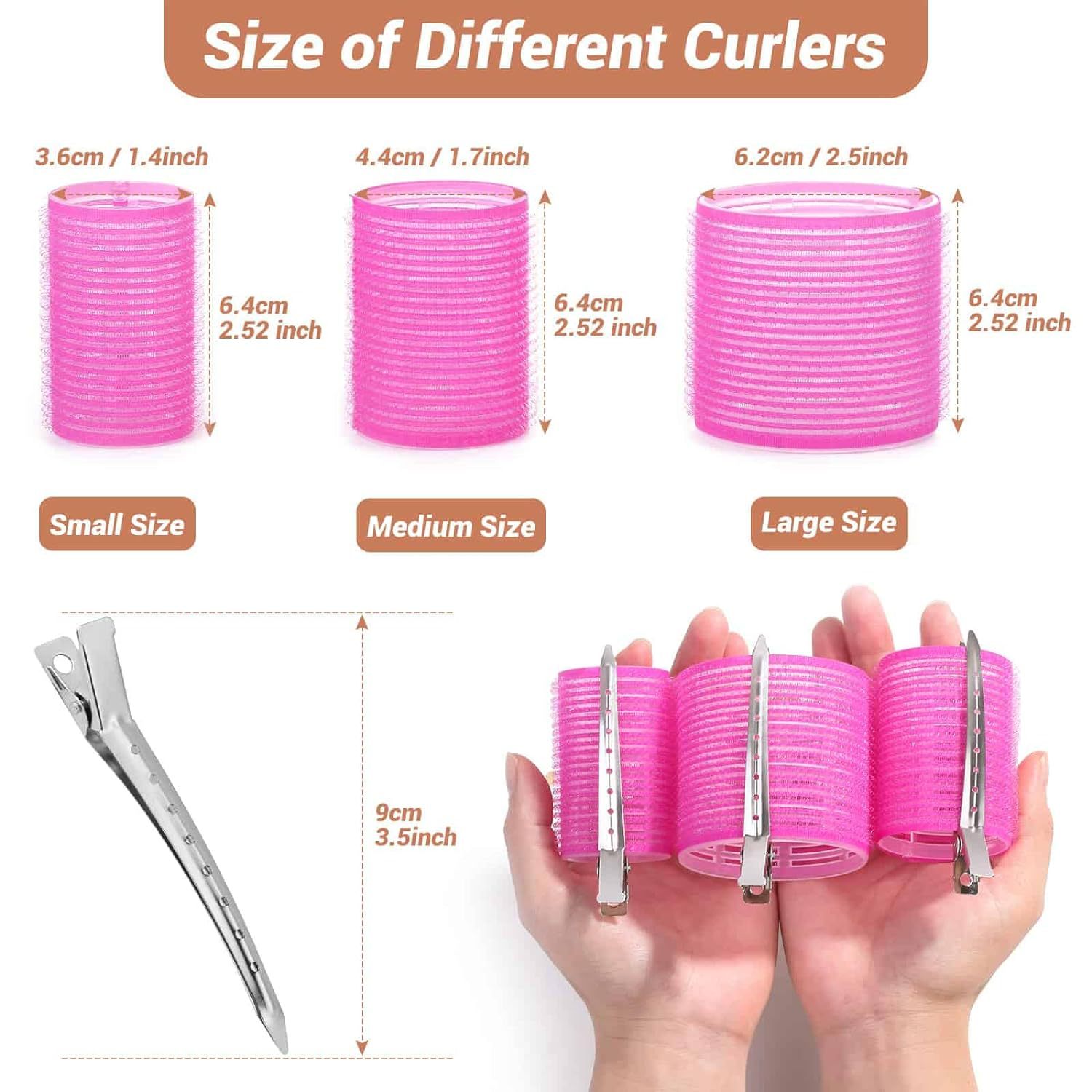 Pink 50-Piece Professional Hair Roller Set - Multi-Size Self-Grip Velcro Rollers with Clips and Tail Comb - Complete Heatless Styling Kit for Voluminous Curls and Air Bangs - Image 2