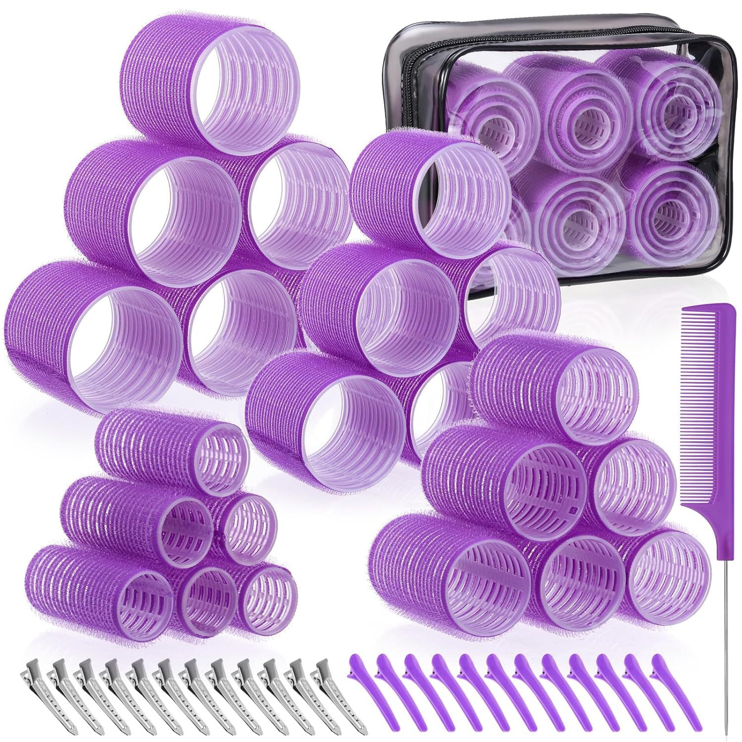 Purple 50-Piece Professional Hair Roller Set - Multi-Size Self-Grip Velcro Rollers with Clips and Tail Comb - Complete Heatless Styling Kit for Voluminous Curls and Air Bangs - Image 1