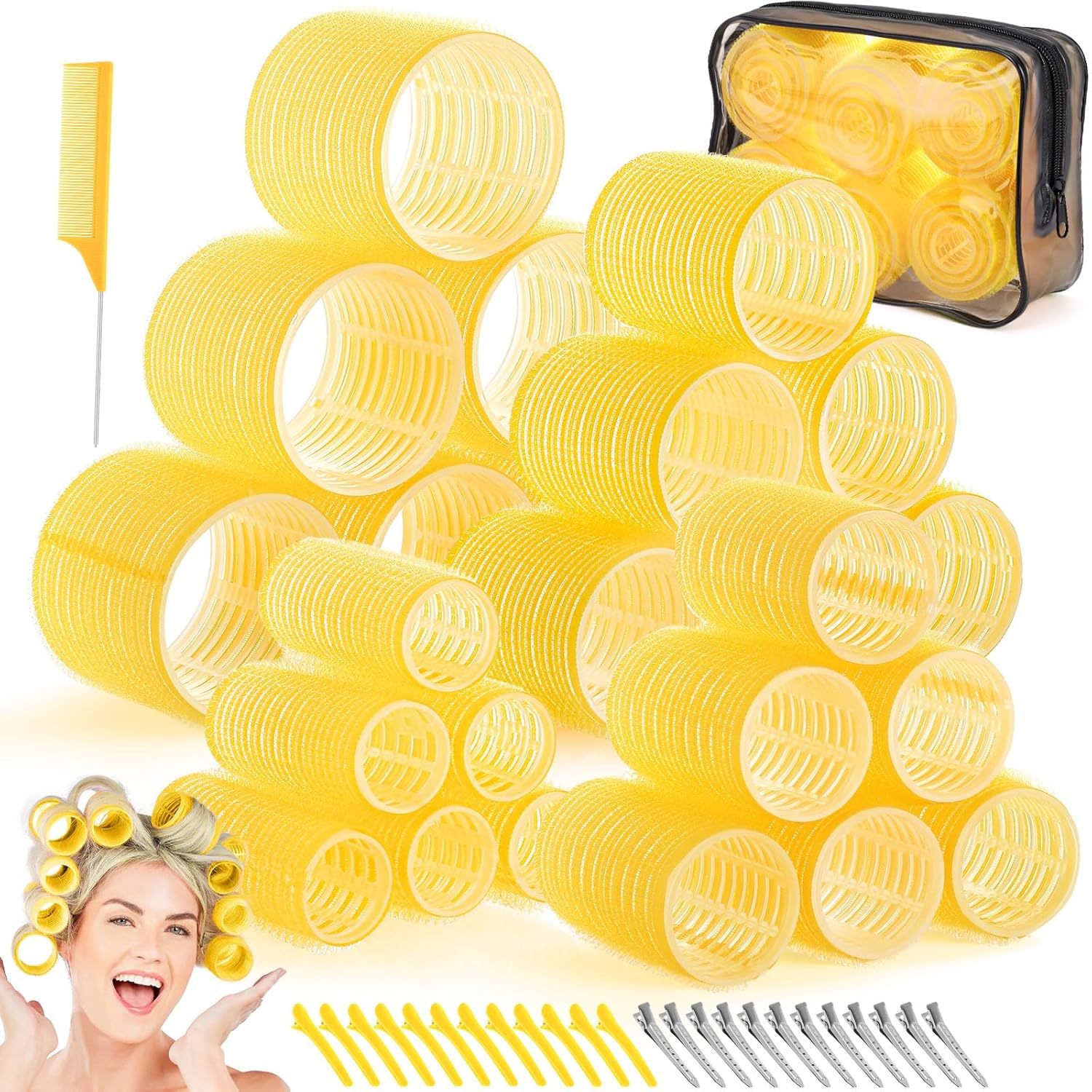 Yellow 50-Piece Professional Hair Roller Set - Multi-Size Self-Grip Velcro Rollers with Clips and Tail Comb - Complete Heatless Styling Kit for Voluminous Curls and Air Bangs - Image 1