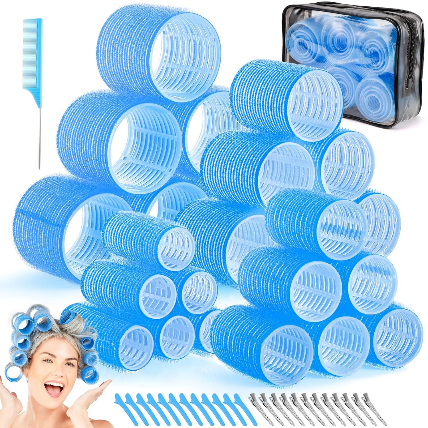 Blue 50-Piece Professional Hair Roller Set - Multi-Size Self-Grip Velcro Rollers with Clips and Tail Comb - Complete Heatless Styling Kit for Voluminous Curls and Air Bangs - Image 1