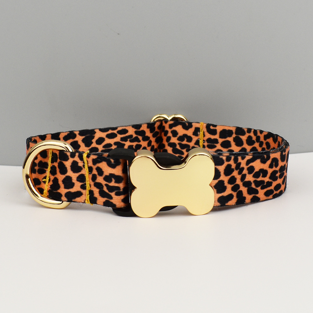 L Leopard Print Boho Patterned Dog Collar with Gold Metal Bone Buckle Adjustable Tribal & Leopard Print Neck Strap for Puppies & Dogs - Image 1