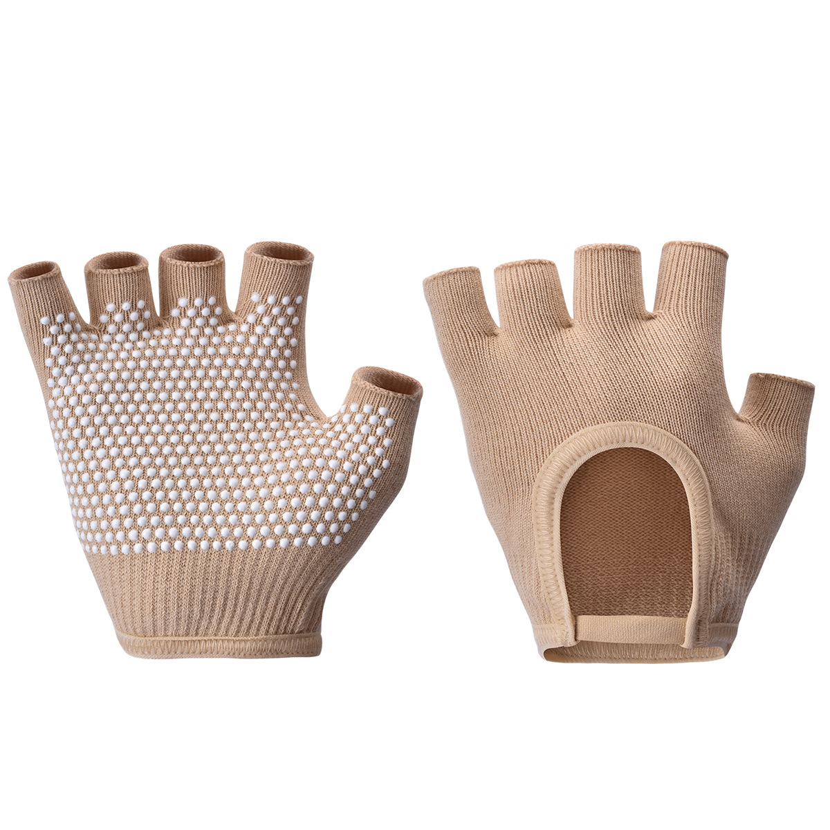 Beige 2-Pack Women's Non-Slip Yoga Gloves - Open Back Half Finger Cotton Stretchy Grip Gloves for Aerial Yoga, Pilates, and Fitness - Image 1