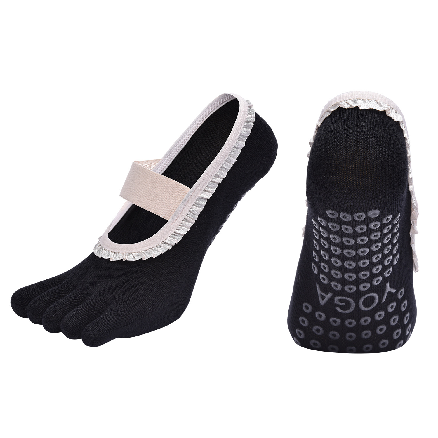 Black 2pcs Women's 5-Finger Ballet Style Yoga Socks - Non-Slip Grip Pilates & Dance Socks with Elegant Lace Trim and Elastic Cross Strap - Image 1