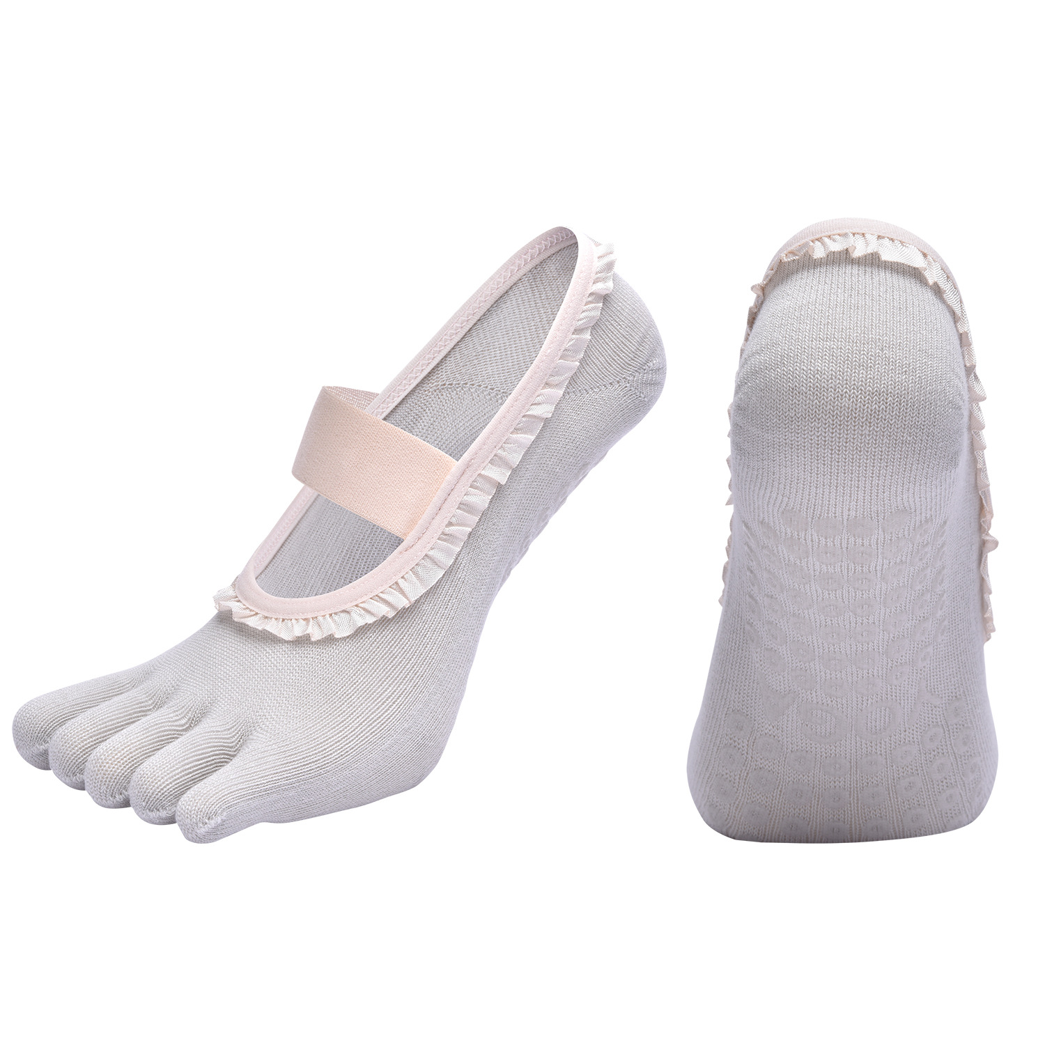 Grey 2pcs Women's 5-Finger Ballet Style Yoga Socks - Non-Slip Grip Pilates & Dance Socks with Elegant Lace Trim and Elastic Cross Strap - Image 1