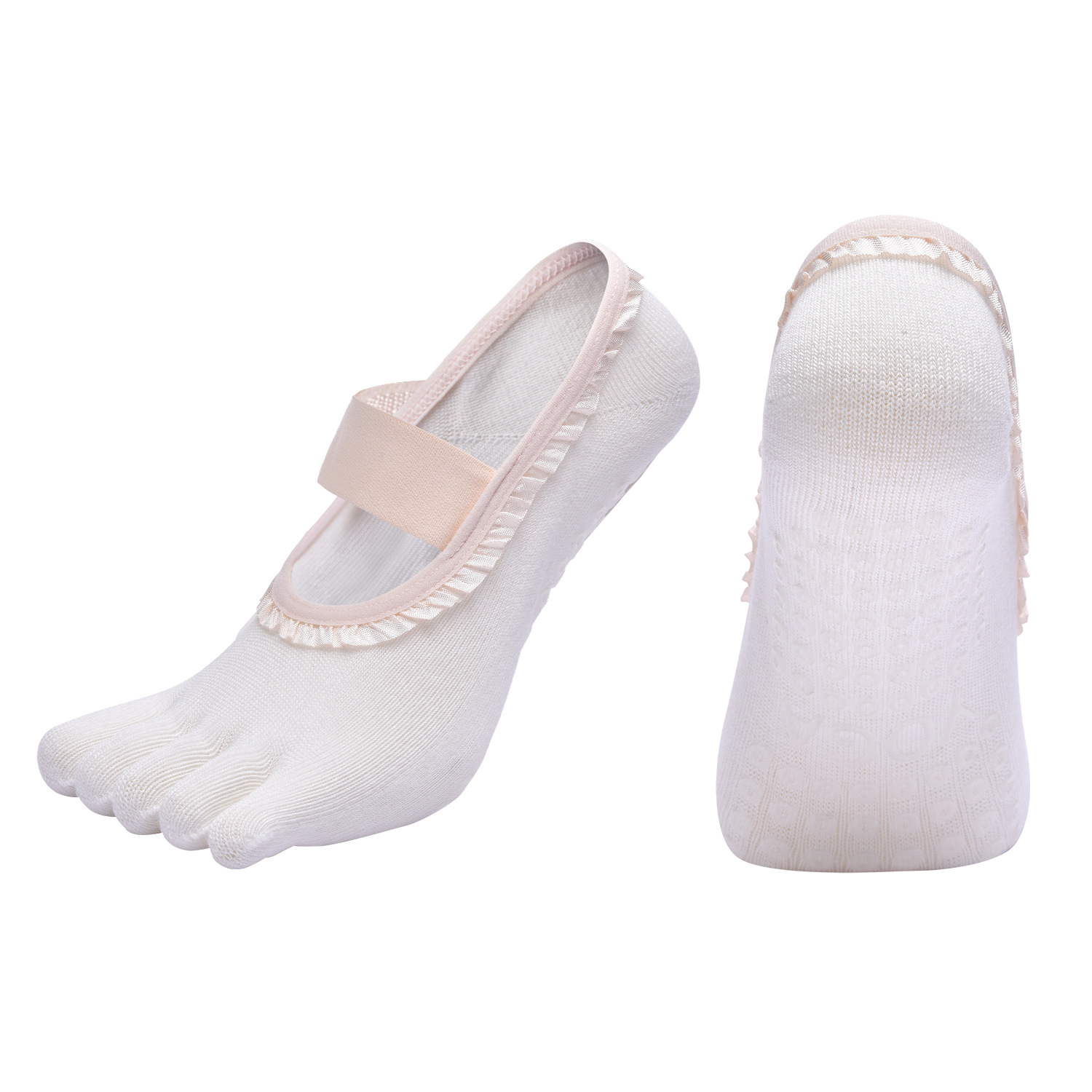 White 2pcs Women's 5-Finger Ballet Style Yoga Socks - Non-Slip Grip Pilates & Dance Socks with Elegant Lace Trim and Elastic Cross Strap - Image 1