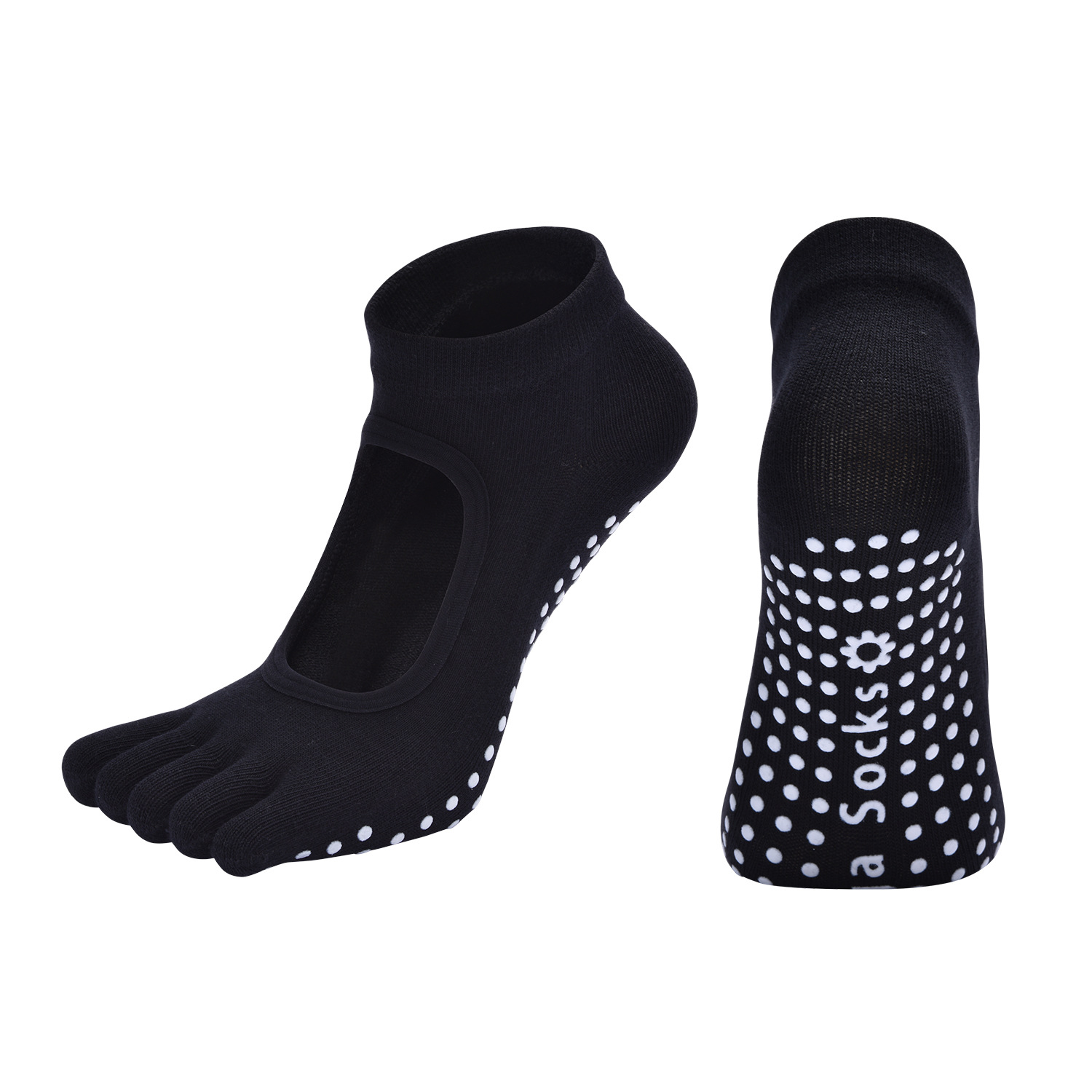 Black 3-Pack Women's Non-Slip Five-Finger Yoga Socks - Open Back Combed Cotton Pilates & Fitness Grip Socks for Professional Exercise - Image 1