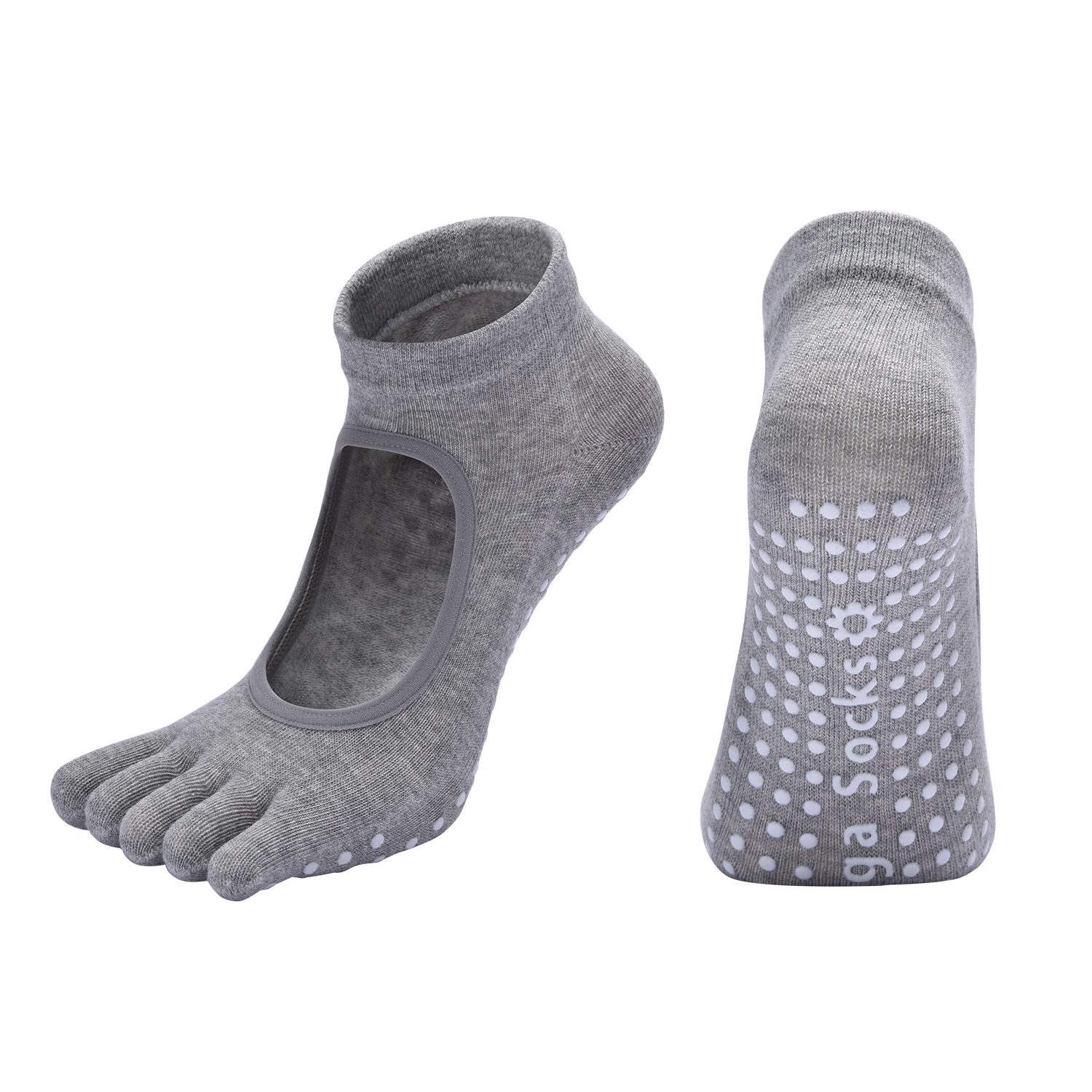 Light Grey 3-Pack Women's Non-Slip Five-Finger Yoga Socks - Open Back Combed Cotton Pilates & Fitness Grip Socks for Professional Exercise - Image 1