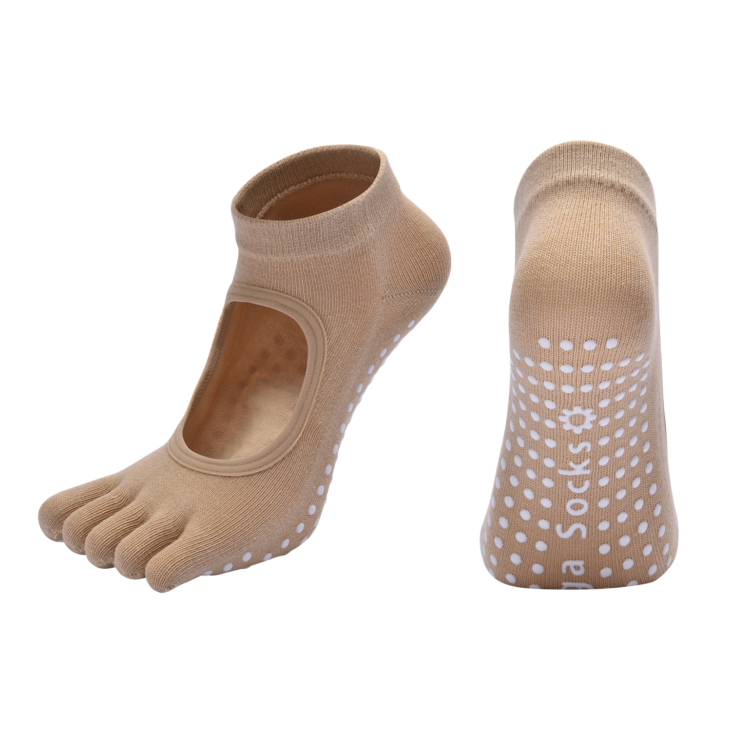 Beige 3-Pack Women's Non-Slip Five-Finger Yoga Socks - Open Back Combed Cotton Pilates & Fitness Grip Socks for Professional Exercise - Image 1