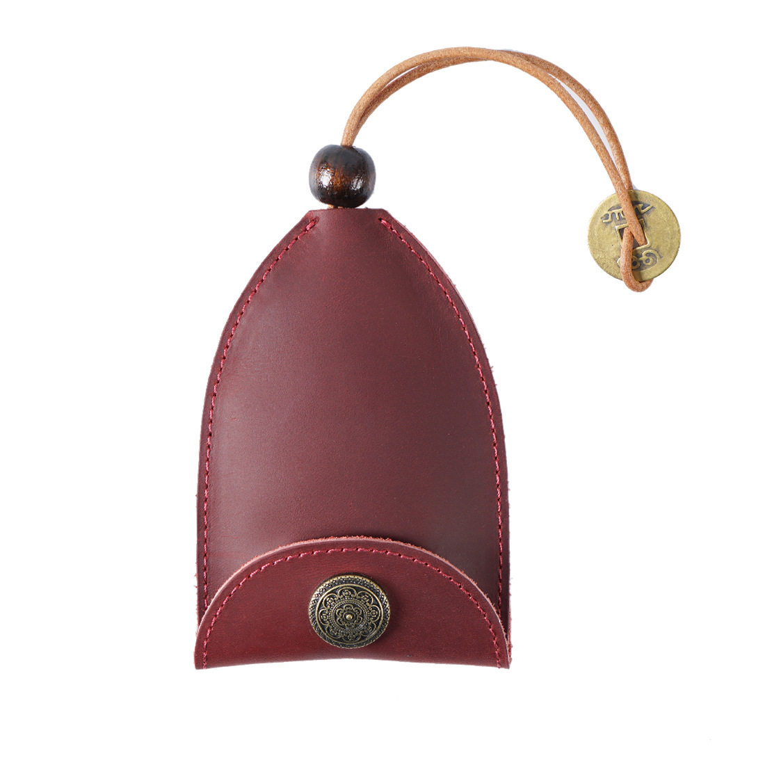 Wine Red Vintage Crazy Horse Leather Key Organizer - Handmade Pull-Out Car Key Case & Home Key Holder with Retro Coin Charm - Image 1