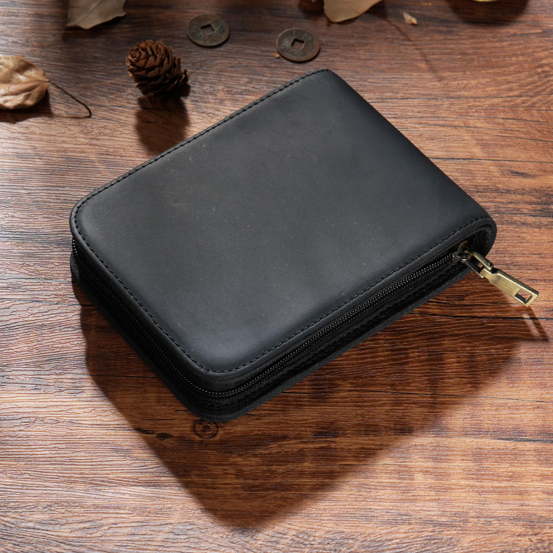 Black 12-Slot Genuine Crazy Horse Leather Fountain Pen Case - Handcrafted Large Capacity Zippered Pen Organizer & Stationery Pouch - Image 1
