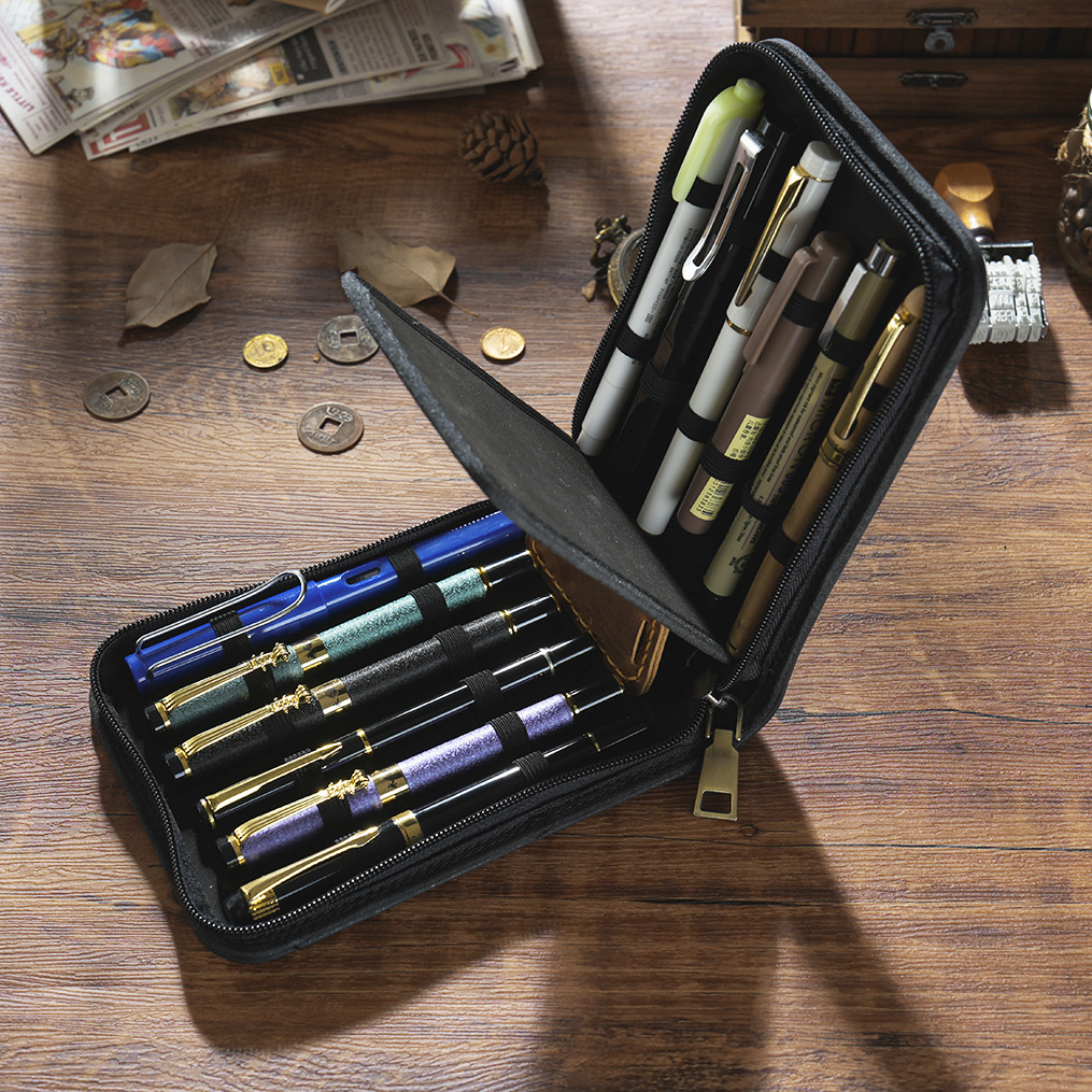 Brown 12-Slot Genuine Crazy Horse Leather Fountain Pen Case - Handcrafted Large Capacity Zippered Pen Organizer & Stationery Pouch - Image 3