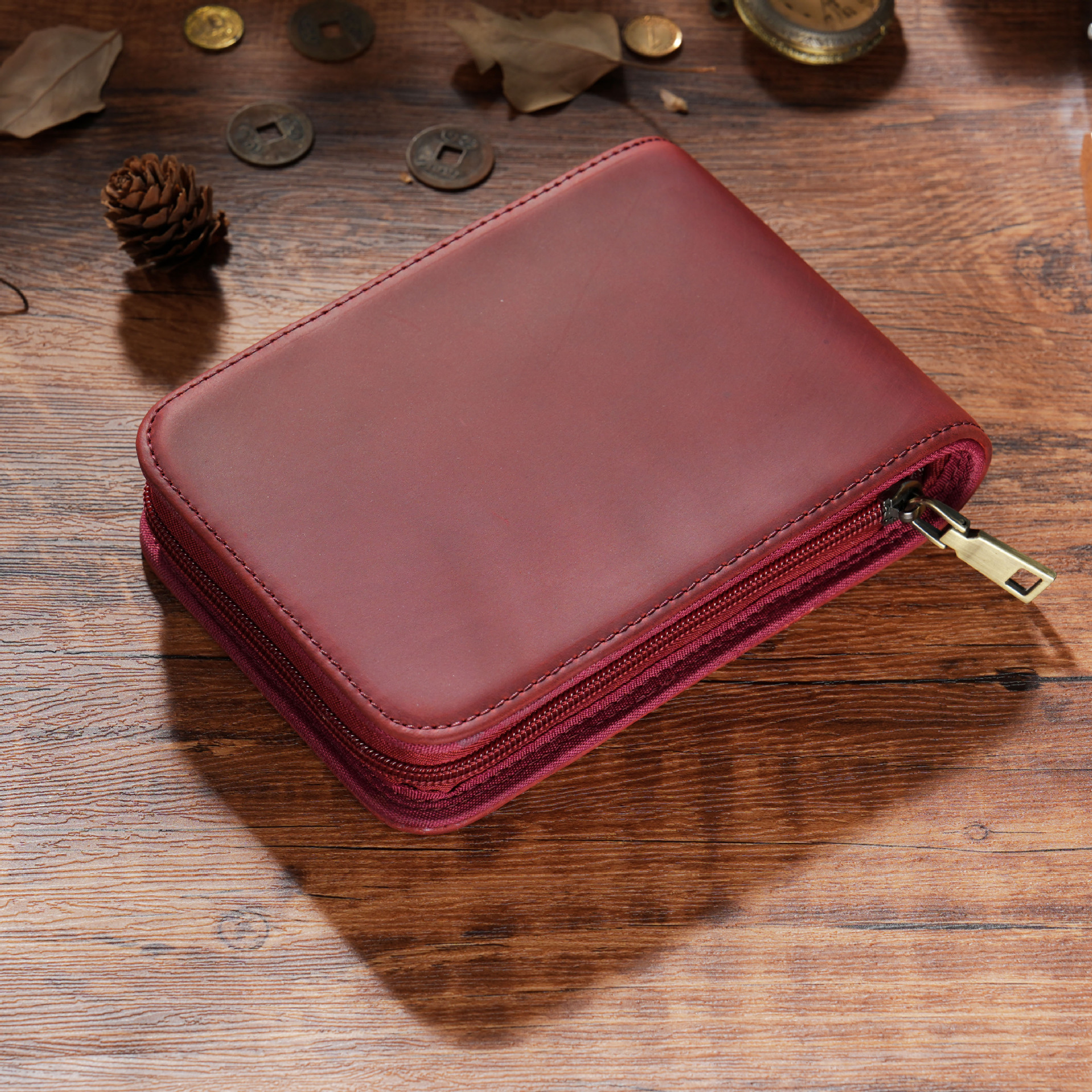 Wine Red 12-Slot Genuine Crazy Horse Leather Fountain Pen Case - Handcrafted Large Capacity Zippered Pen Organizer & Stationery Pouch - Image 1